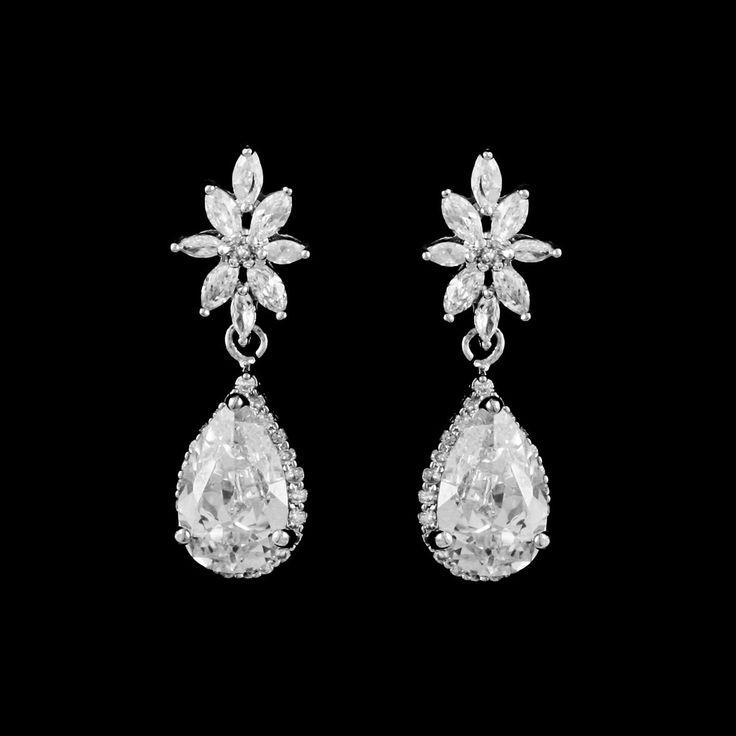 Hochzeit - Stunning Sterling Silver CZ Pear Drop Wedding Earrings