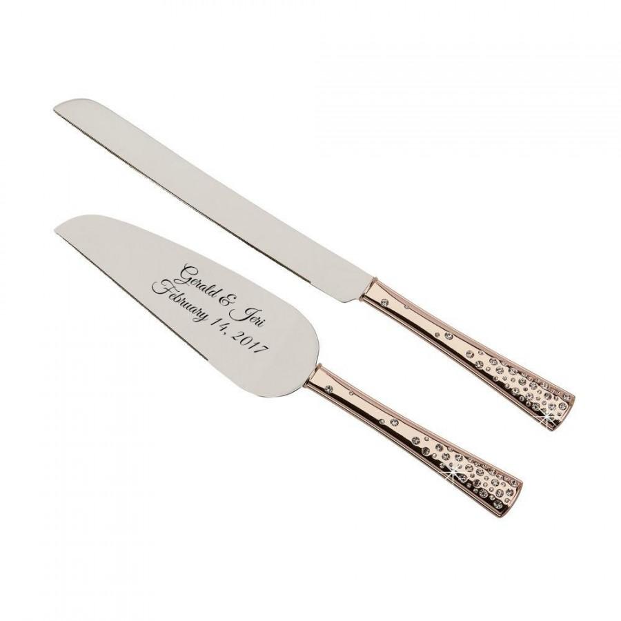 Mariage - Personalized For Free Wedding Cake Server and Knife Set With Galaxy Style Handles In Rose Gold Modern Silver Tone Cake Server Set Crystals