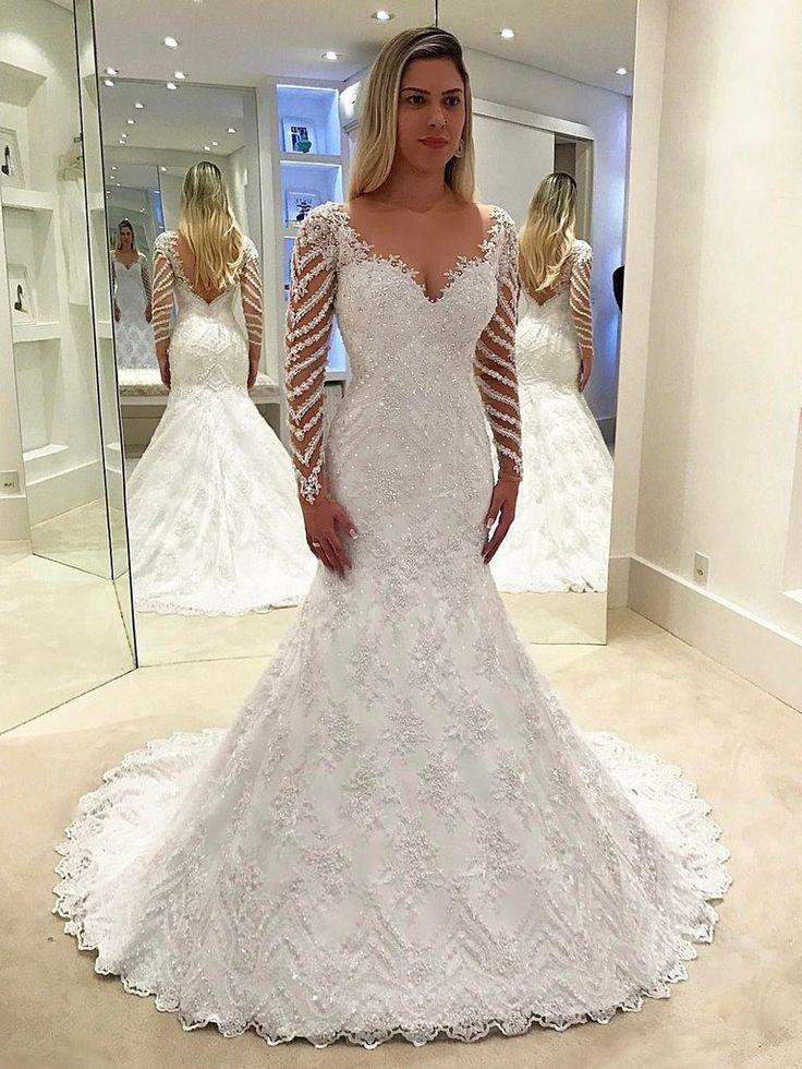 Wedding - Mermaid Wedding Dresses V Neck Long Sleeve Brush Train Lace Beading Sexy Bridal Gown JKS271