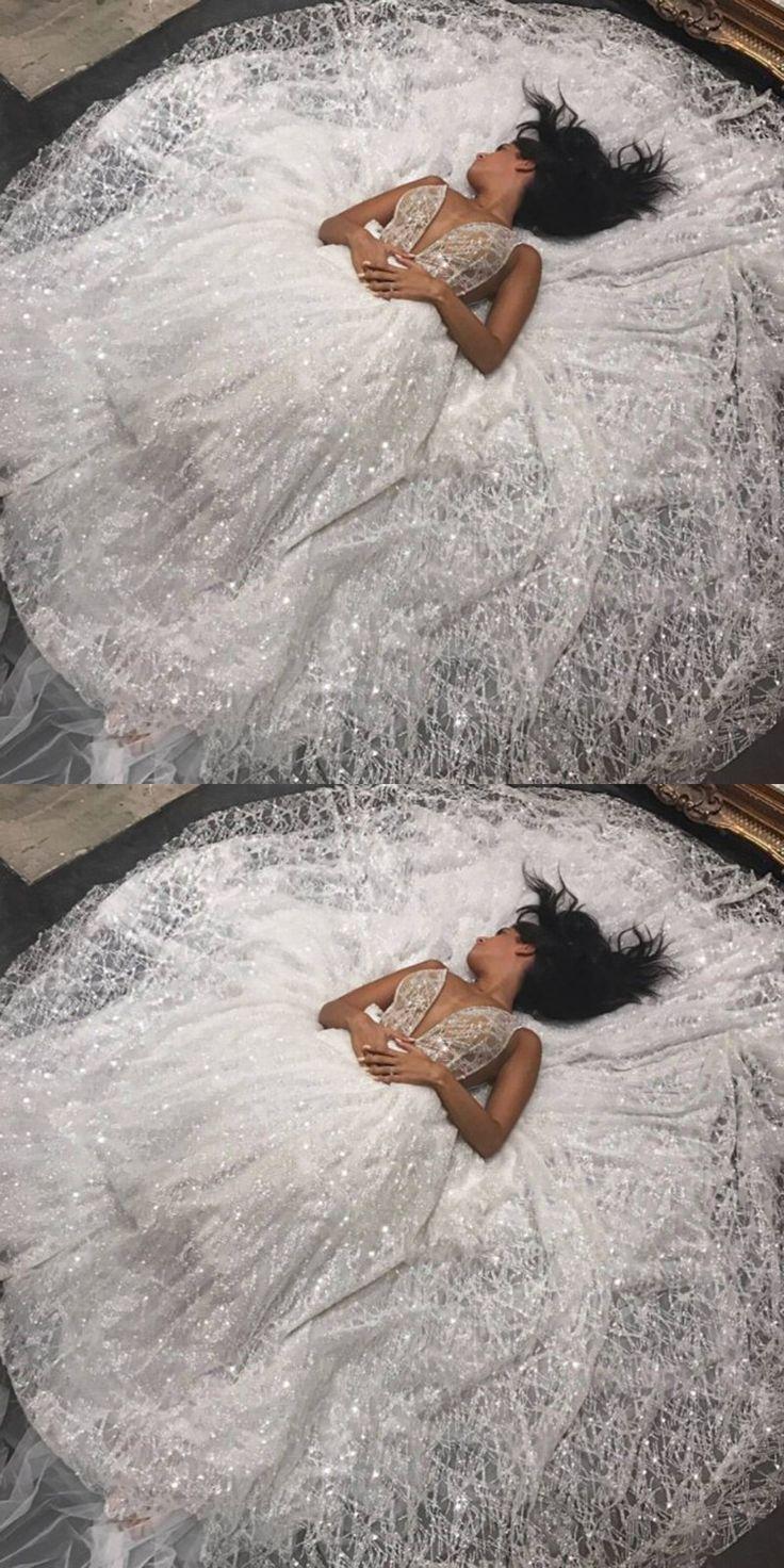 زفاف - A-Line Spaghetti Straps Floor-Length Lace Sequins Wedding Dress