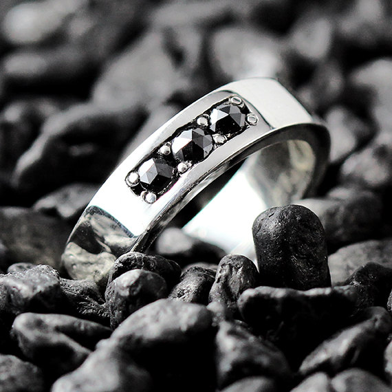 Hochzeit - Black Diamond Ring Mens and Womens Sterling Silver Wedding Band