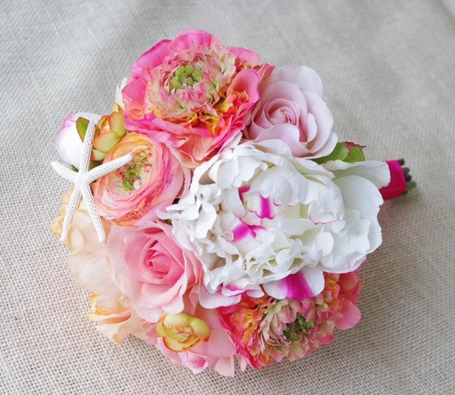 Hochzeit - Bouquet of Silk Peonies and Ranunculus Coral Peach Starfish Natural Touch Flower Wedding Bride Bouquet - Almost Fresh