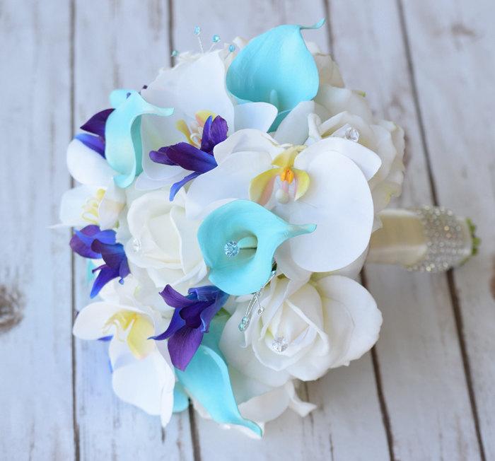 زفاف - Silk Wedding Bouquet with Off White Roses, Blue Purple Orchids and Aruba Turquoise Callas - Natural Touch Silk Flower Bouquet