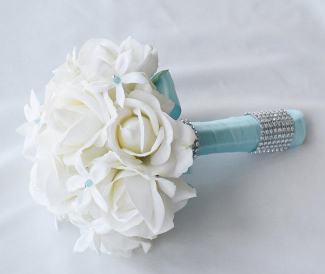 Hochzeit - Spectacular Ivory White Jewel Wedding Bouquet - Pin Crystal Jewel Bride Bouquet - Rhinestones