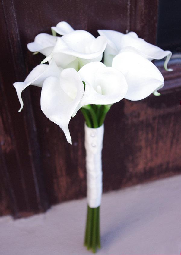 زفاف - Silk Wedding Bouquet with Calla Lilies - Natural Touch Off White Callas Silk Bridal Flowers