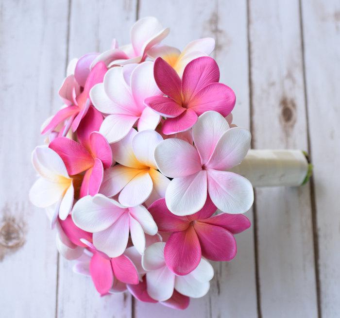 زفاف - Wedding Fuchsia Pink Natural Touch Plumerias Silk Flower Bride Bouquet