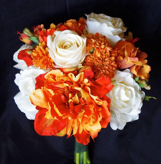 Wedding - Fall Wedding Natural Touch Orange Peonies, Roses and Mums Silk Flower Bride Bouquet - Almost Fresh