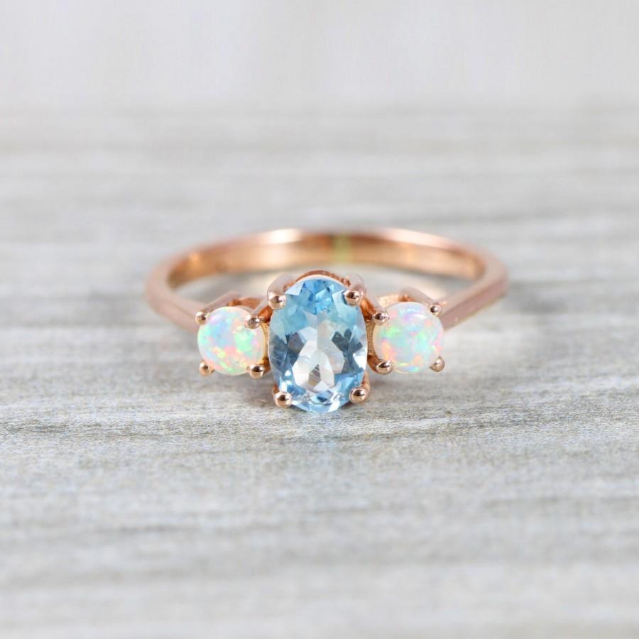زفاف - Opal and aquamarine engagement ring handmade trilogy three stone in rose/white/yellow gold or platinum unique