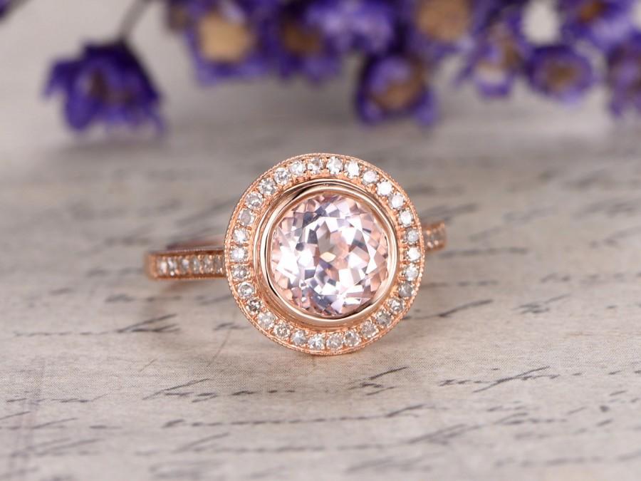 زفاف - Morganite engagement ring with diamond,Solid 14k Rose gold bridal ring,8mm Round cut gem,halo anniversary ring custom made fine jewelry