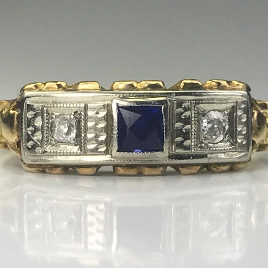 Wedding - Vintage Sapphire and Diamond Ring. 14K Gold Art Deco. Unique Engagement Ring. September Birthstone. 5th Anniversary Gift. Estate Jewelry
