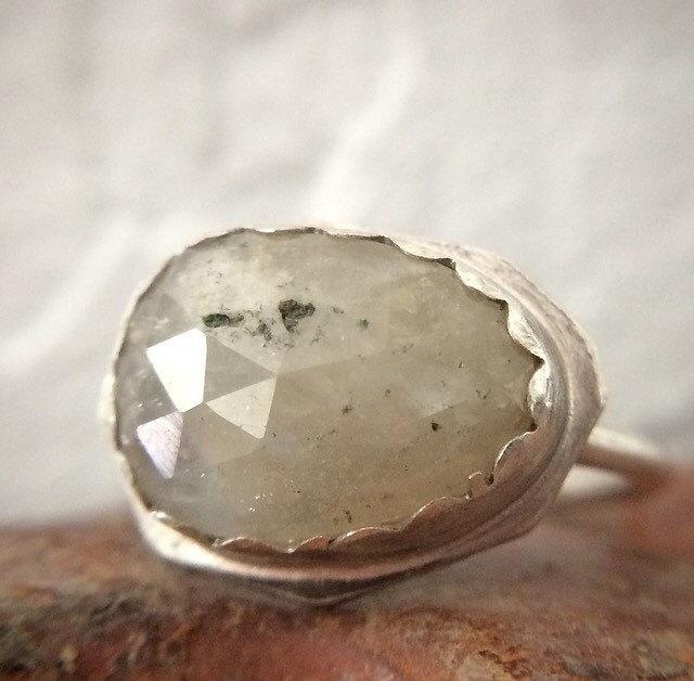 Wedding - White Sapphire Engagement Ring Size 7 - Sterling Silver - Natural Rose Cut Raw Gemstone Jewelry - Unique September Birthstone Gift for Her
