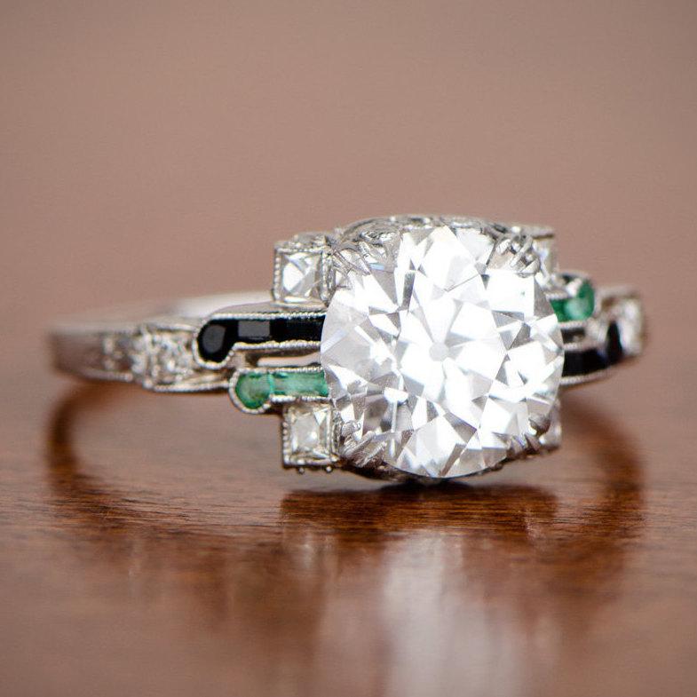 Mariage - Original Art Deco 2.08ct Vintage Emerald Onyx and Diamond Engagement Ring I/VS2 GIA