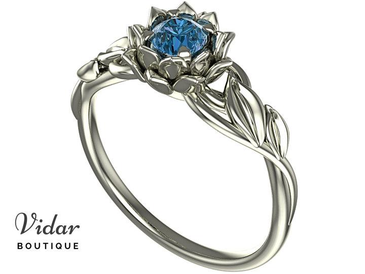 زفاف - Blue Diamond Flower Engagement Ring Unique Engagement Ring diamond Engagement Ring Leaves Blue Diamond Ring Floral swirl Lotus Gold Ring