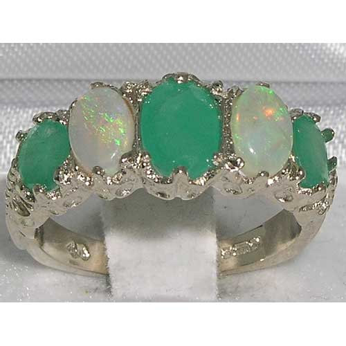 Свадьба - 14K White Gold Natural Emerald & Colorful Opal Engagement Ring English Vintage Design Half Eternity Band - Customize: 9K,10K,14K,18K