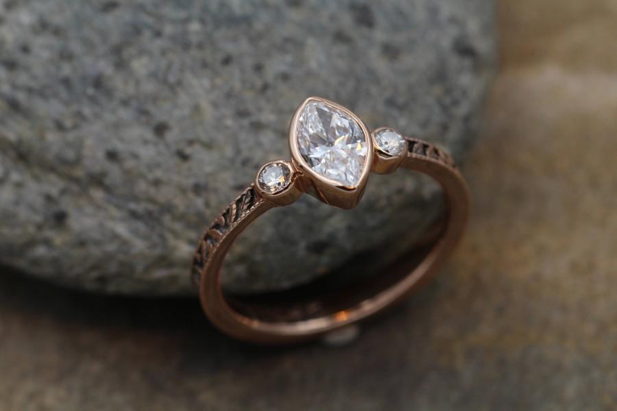 زفاف - Moissanite Alternative Engagement Rose Gold Hand Made Vintage Style Ring - Marquise Ring - Leaf Engagment Ring