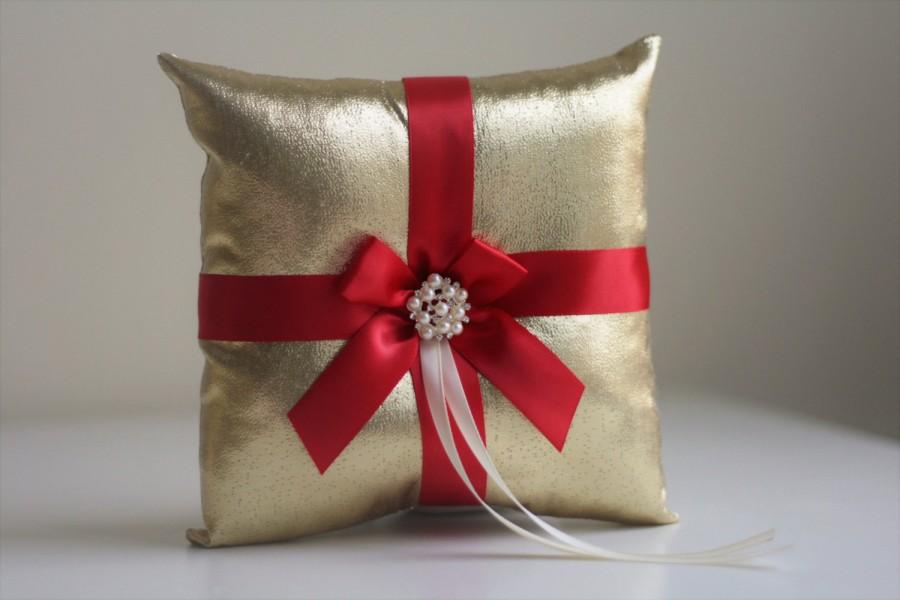 Wedding - Ring Bearer Pillow / Red Gold Bearer / Red Ring Pillow / Red Wedding Pillow / Gold Wedding Pillow Basket Set / Gold Red Bearer Pillow - $28.00 USD