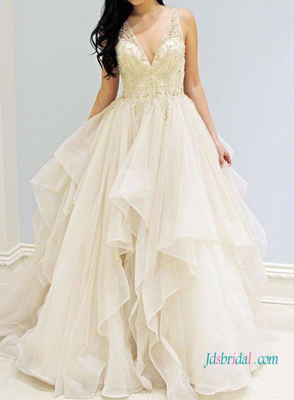 Wedding - H1020 Romance gold embroidery detailed cascade ball gown
