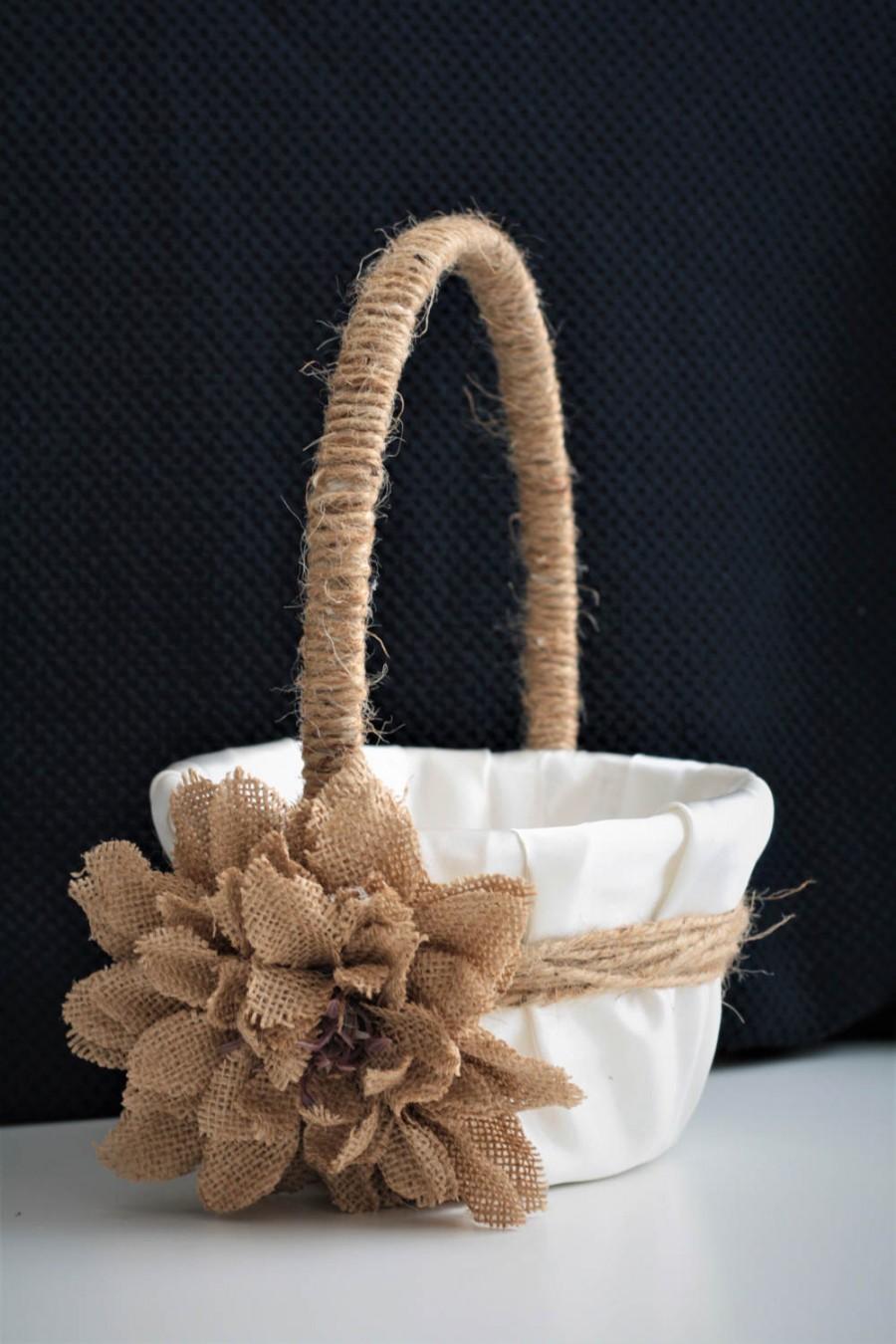زفاف - Rustic Wedding Basket / Rustic Flower Girl Basket / Shabby Chic Basket / Burlap Wedding Basket Pillow Set / Rustic Ring Bearer Pillow - $37.00 USD