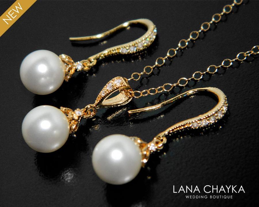 Hochzeit - Bridal Pearl Jewelry Set White Pearl Gold Earrings&Necklace Set Swarovski 8mm Pearl Wedding Set Drop Pearl Jewelry Set Bridesmaids Jewelry - $42.00 USD