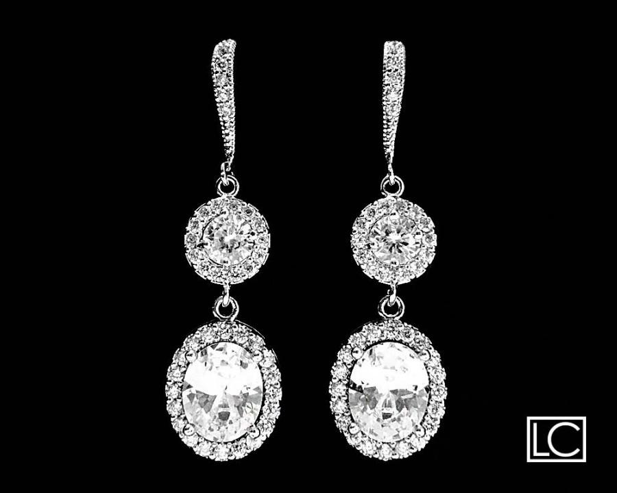 Wedding - Cubic Zirconia Bridal Earrings Crystal Oval Wedding Earrings CZ Dangle Sparkly Earrings Bridal Jewelry Vintage Style Earrings Prom Earrings - $37.90 USD