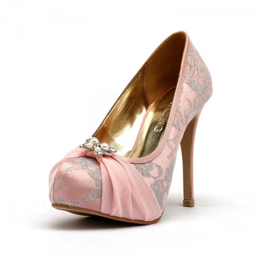 Mariage - Lady Romance, Baby Pink Wedding Heels, Pink Chiffon Wedding Shoes with Lace,  Pink Butterfly Wedding Heels, Sweet Pink Wedding Shoes