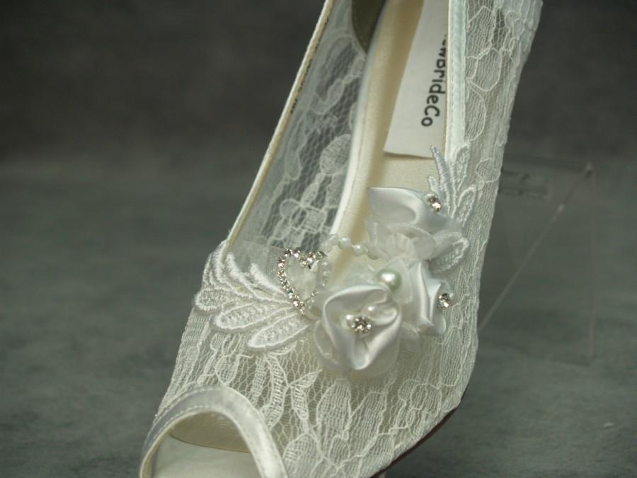 Hochzeit - Modern Cinderella Wedding Shoes White See Thru Lace  - Mid heel Peep Toes Hand Embellished pearls & crystals heart, Lace Pump, Open Peep Toe