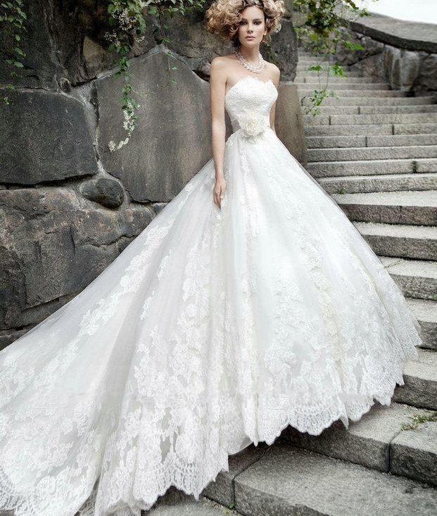 Wedding - 2015 Full Lace Applique A Line Wedding Dresses Strapless Princess Styles Bridal Gowns Luxury White Custom Made Plus Size Wedding Gowns HC03