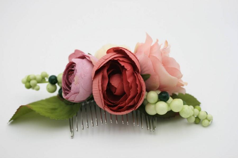 Wedding - Pink rose Bridal flower hair comb Wedding hair comb Bridesmaid comb Floral hair comb Bridal headpiece Dusty pink Pretty Blush hair comb - $45.00 USD