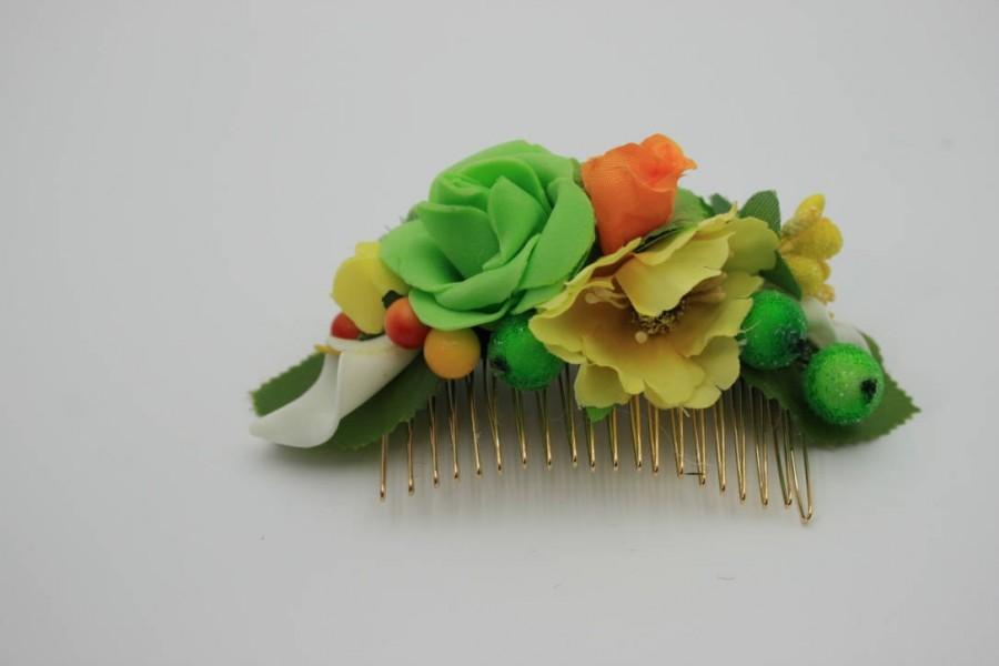زفاف - Gift for daughter Flower hair comb Yellow Green Floral comb Bridal hair piece Wedding gold comb Colorful BohoFlower headpiece Gift for her - $18.00 USD