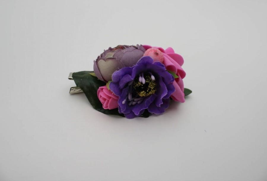 Wedding - Purple pink fancy Bridal flower hair clip Wedding hair clip Floral hair clip Bridal hair piece Rustic hair piece Gift for her - $12.00 USD