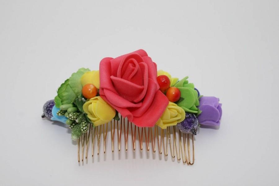 زفاف - Rainbow flower hair comb Floral hair comb Bridal hair piece Wedding gold comb Colorful Boho hair style Flowergirl headpiece Gift for her - $18.00 USD