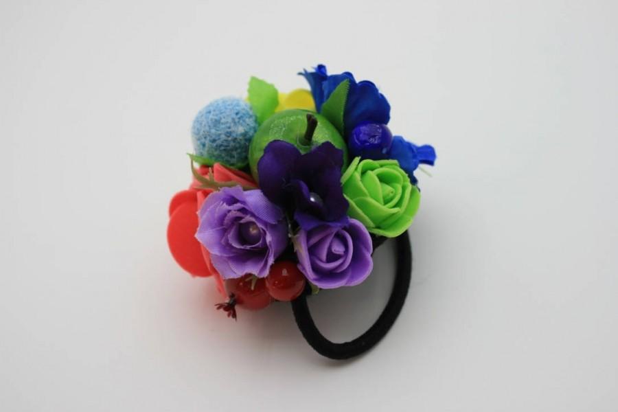 Wedding - Rainbow flower hair tie Floral hair tie Bridal hair piece Wedding hair tie Boho hair style Bridesmaid gift Colorful headpiece Gift for her - $10.00 USD