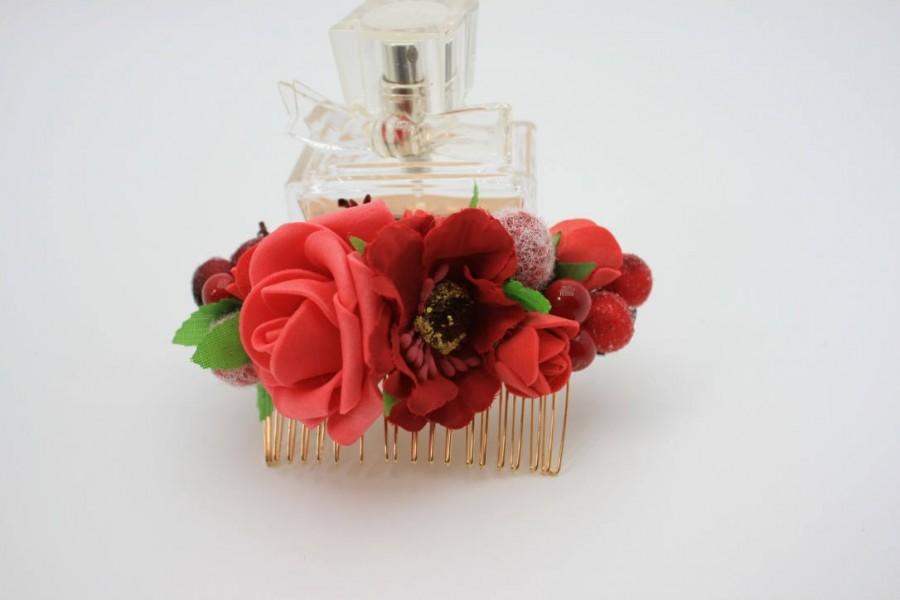 Wedding - Red rose fancy Bridal flower Wedding hair comb Gift for girlfriend Decorative comb Floral Bridal hair piece Rustic hair piece Gift for her - $18.00 USD