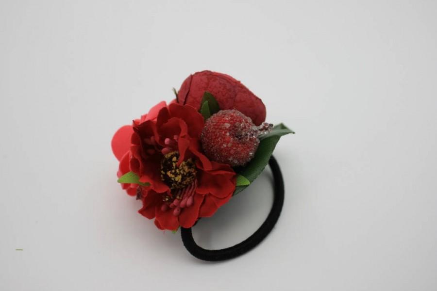 Mariage - Red rose fancy flower hair tie Floral Bridal hair piece Wedding hair tie Boho hair style Bridesmaid gift Christmas headpiece Gift for her - $10.00 USD