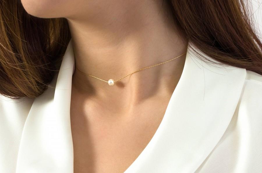 زفاف - Single Pearl Necklace 6mm, 8mm, 10mm in 14 K Gold Filled, Bridesmaids gift, Floating pearl necklace, White pearl necklace, Wedding