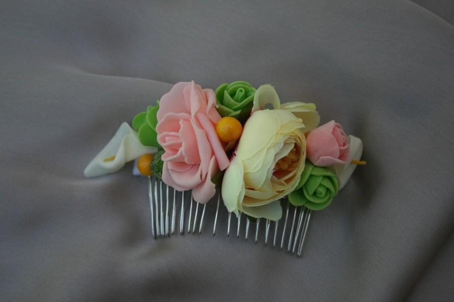Свадьба - Pink Yellow Bridal flower hair comb Wedding hair comb Decorative comb Floral hair comb Bridal hair piece Bridal hair comb Christmas Gift - $18.00 USD