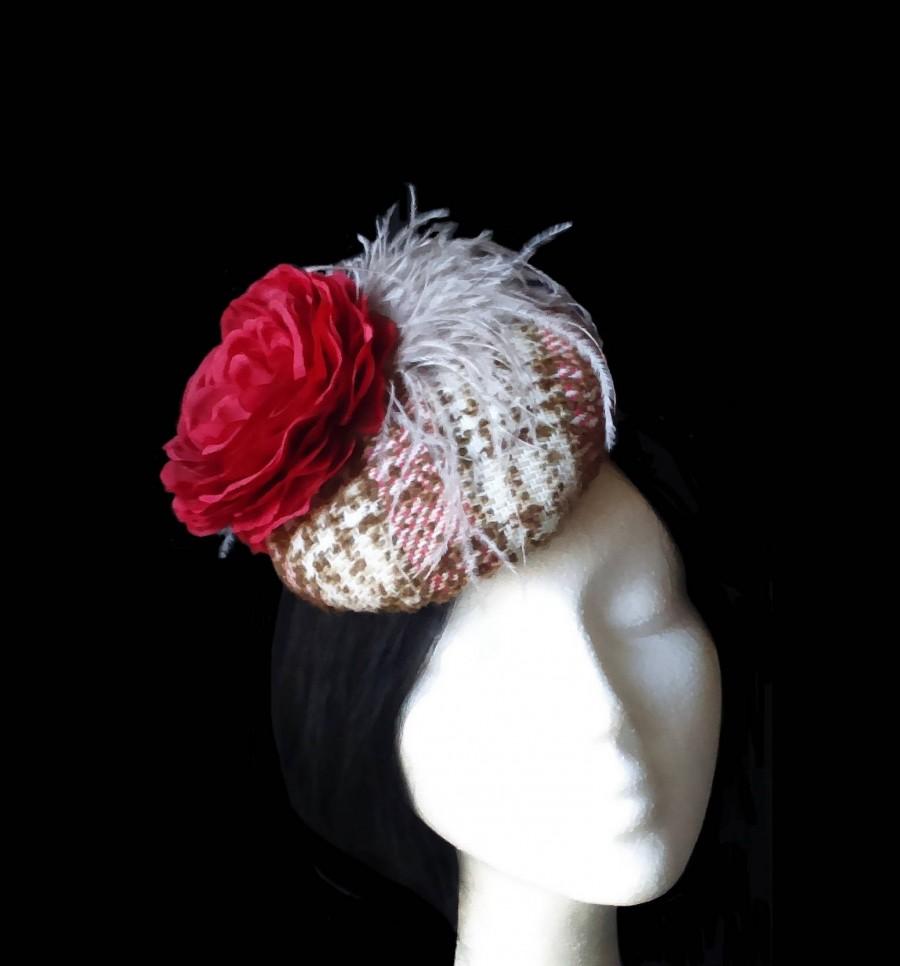 Wedding - Wedding hat. Red and brown tweed cocktail hat. Bridal pillbox. Church hat. Flower and feathers hat. Race hat. Statement hat. Tweed hat. - $52.80 EUR