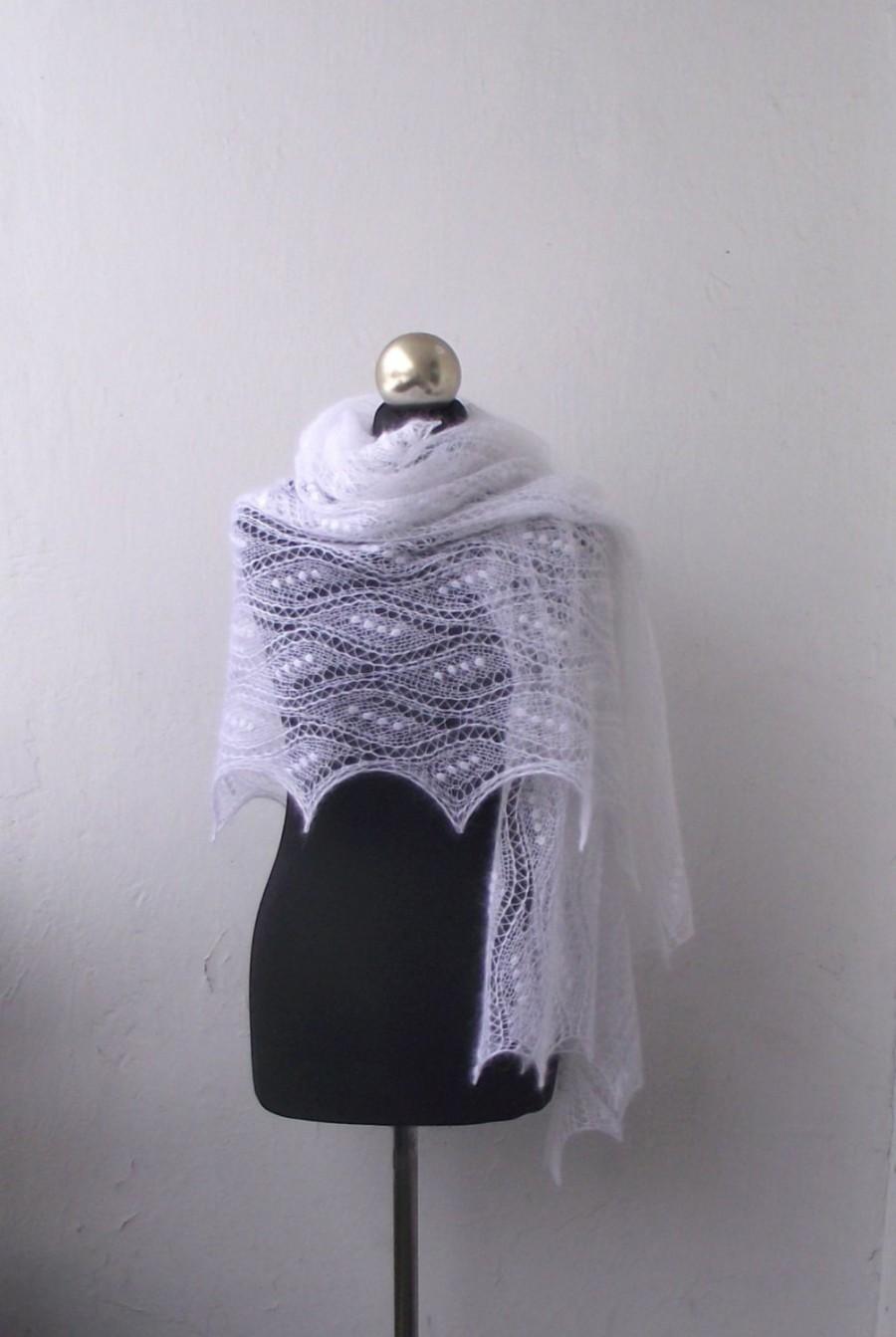Hochzeit - Wedding shawl, White knit lace shawl, hand knitted lace stole , bridal shawl, knit wedding shawl, white kid mohair shawl,bridal cover up