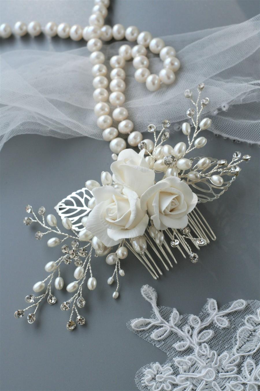 زفاف - Rose comb, Bridal hair comb, Wedding hair comb, Bridal hair flower, Bridal headpiece, Wedding headpiece, rose hair, Bridal comb, Pearl comb - $69.00 USD