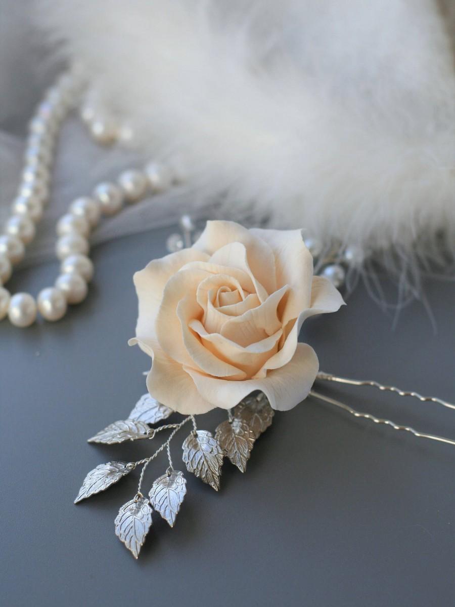 زفاف - Ivory Rose Wedding Hair pin Rose Bridal Hair pin Wedding flower pin Bridal hair flower Bridal flower clip Bridal hair accessories silver - $35.00 USD