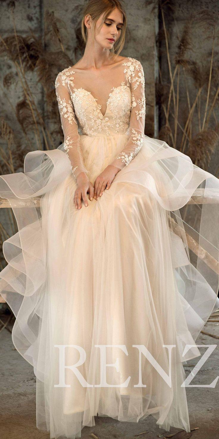 Wedding - Wedding Dress Off White Tulle Dress,Long Sleeve Lace Bride Dress,Sweetheart Lace Maxi Bridal Dress,Long Prom Dress,Evening Gown(LW213)