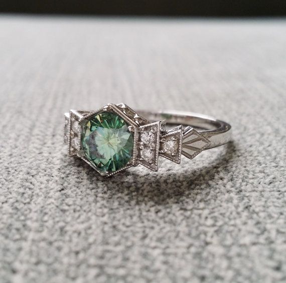 Hochzeit - Antique Diamond Mint Moissanite Engagement Ring White Gold 1920s Gemstone Rustic Bohemian PenelliBelle Blue Green Exclusive "The Florence"