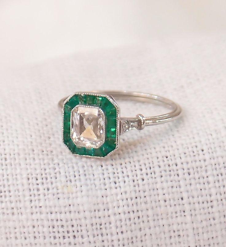 Hochzeit - Art Deco Platinum Diamond And Emerald Engagement Ring 1.37 Carats