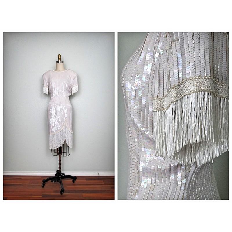 زفاف - NAEEM KHAN Hand Beaded Fringe Dress / Iridescent Pearl White Sequined Dress / Art Deco Sequin Dress Small - Hand-made Beautiful Dresses