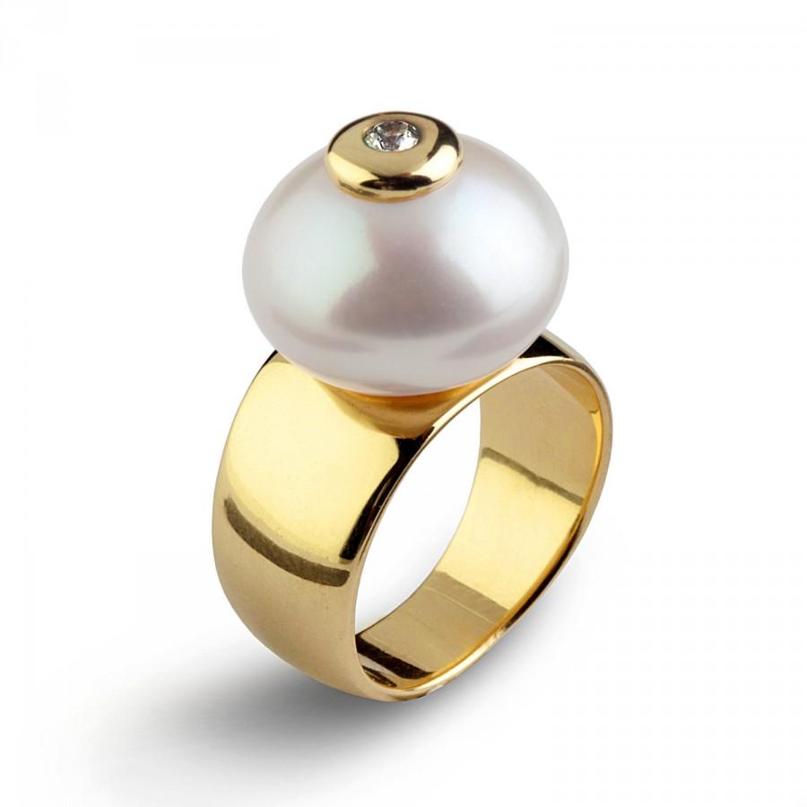 زفاف - Pearl Diamond Ring, Gold Pearl Diamond Engagement Ring, 14k Gold Pearl Ring, Large Pearl Ring, Gold Statement Ring