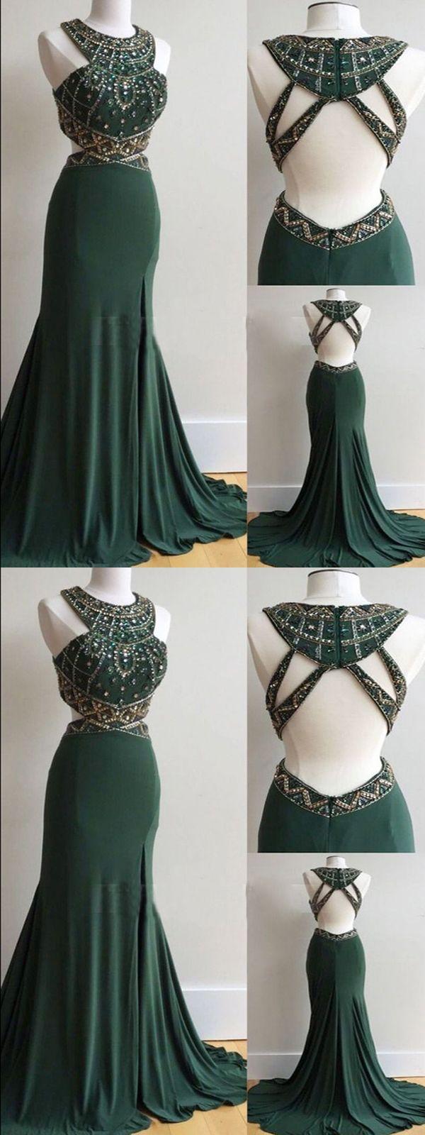 زفاف - Mermaid Prom Dress Scoop Brush Train Green Long Cheap Prom Dress #VB266