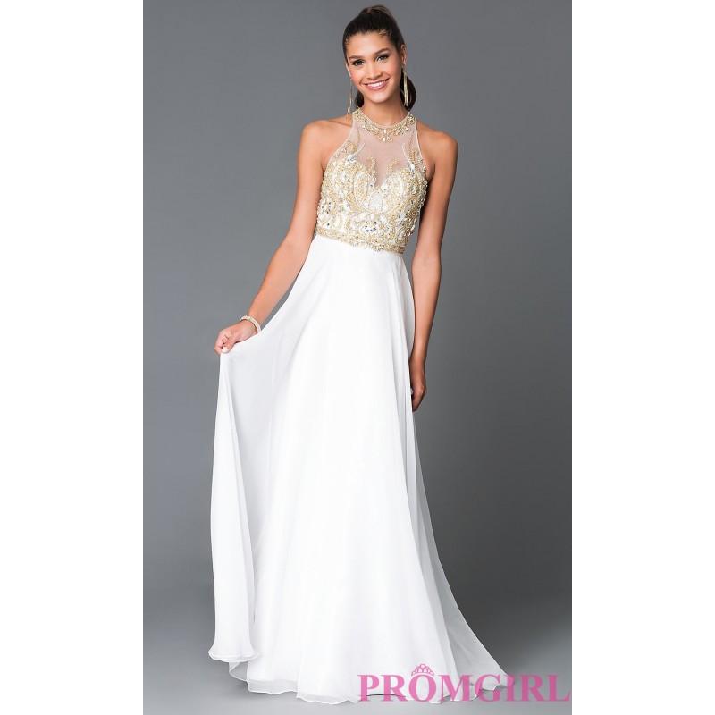 Hochzeit - Long Cut-Out Back White and Gold Temptation Prom Dress - Brand Prom Dresses