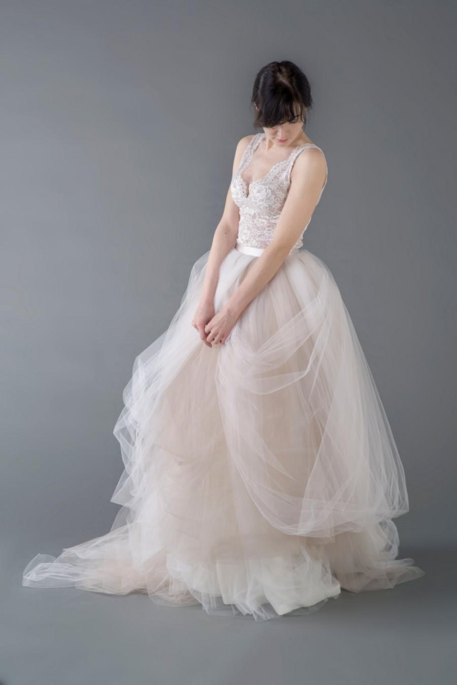Hochzeit - Catherine - two piece wedding dress / bridal gown  / nude bridal gown / champagne wedding dress / tulle wedding dress / unique wedding dress