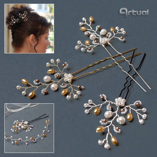 Mariage - Golden bridal hair pins, wedding hair pin, gold hairpin, bridal hair piece, bridesmaid gift, pearl pins, bridal accessories, wire wrap pins