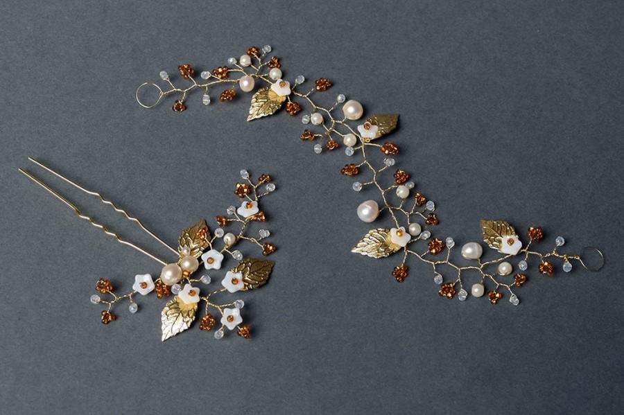 Hochzeit - Freshwater pearl set, bridal hair vine, wedding hair pin, pearl jewelry, bridal headpiece, leaf vine, white flower U pin, crystal hairpiece
